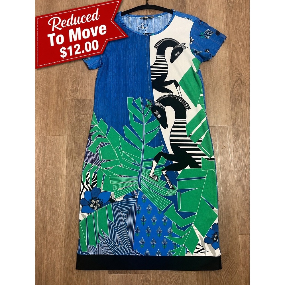 Global Desi Dress Small Blue Green Zebra Print Short Sleeve  Artsy Casual Chic